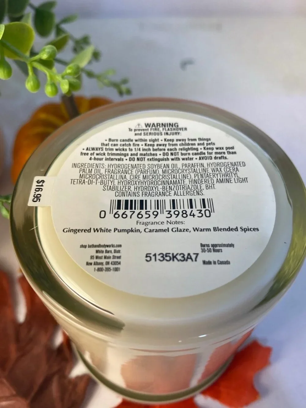 “White Pumpkin” BBW White Barn NEW Single Wick Candle